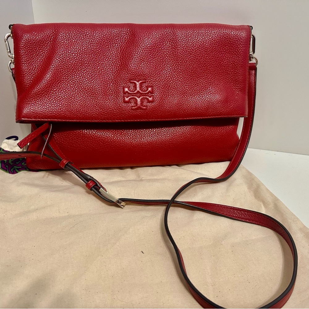 Tory Burch: Thea Red leather Pebbled Fold Over